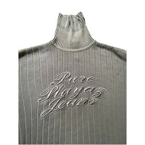 VTG Pure Playaz Mens Gray Y2K Hip Hop Spellout Cable Knit Turtleneck Sweater L‎